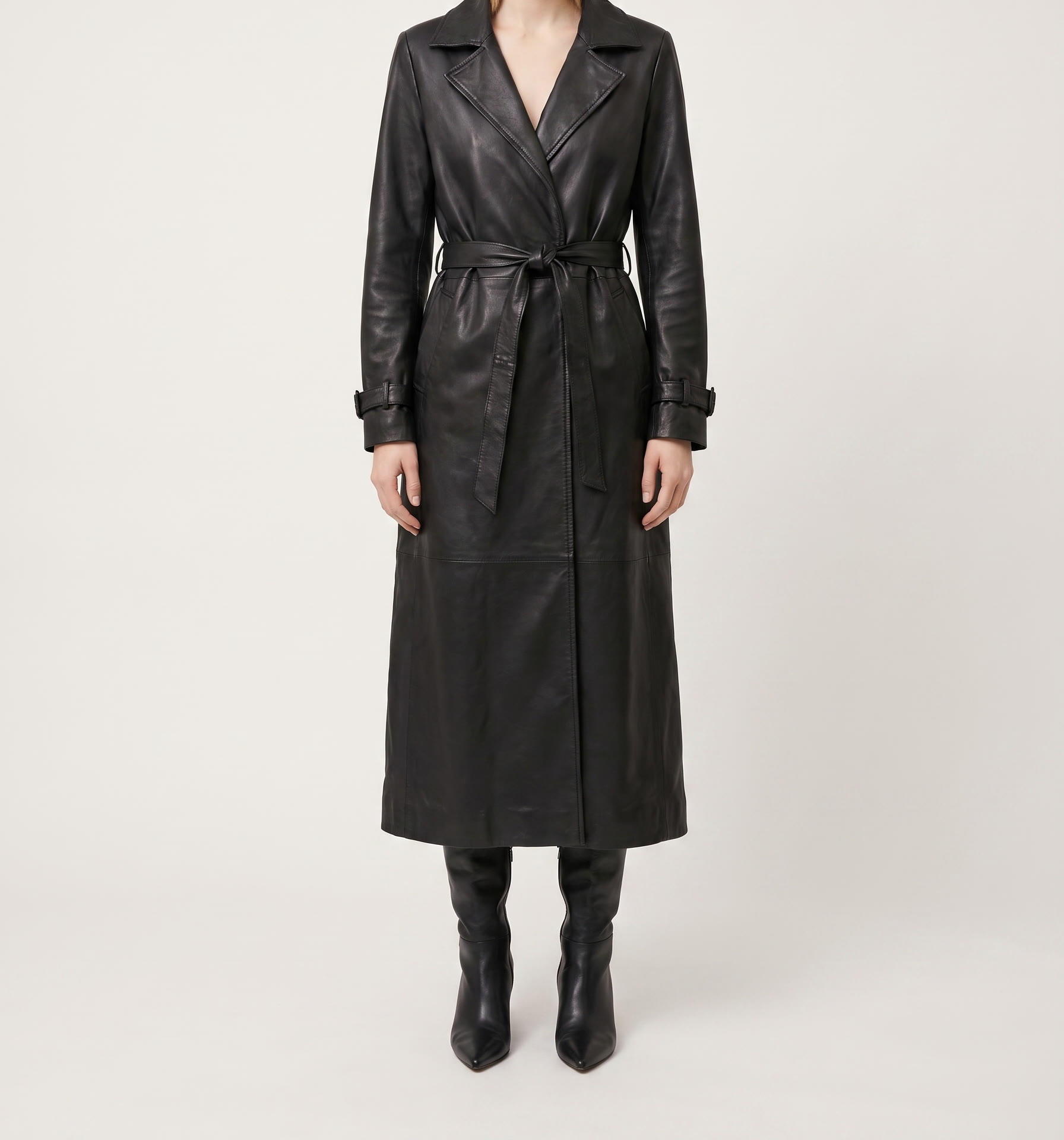 Long leather trench, full look