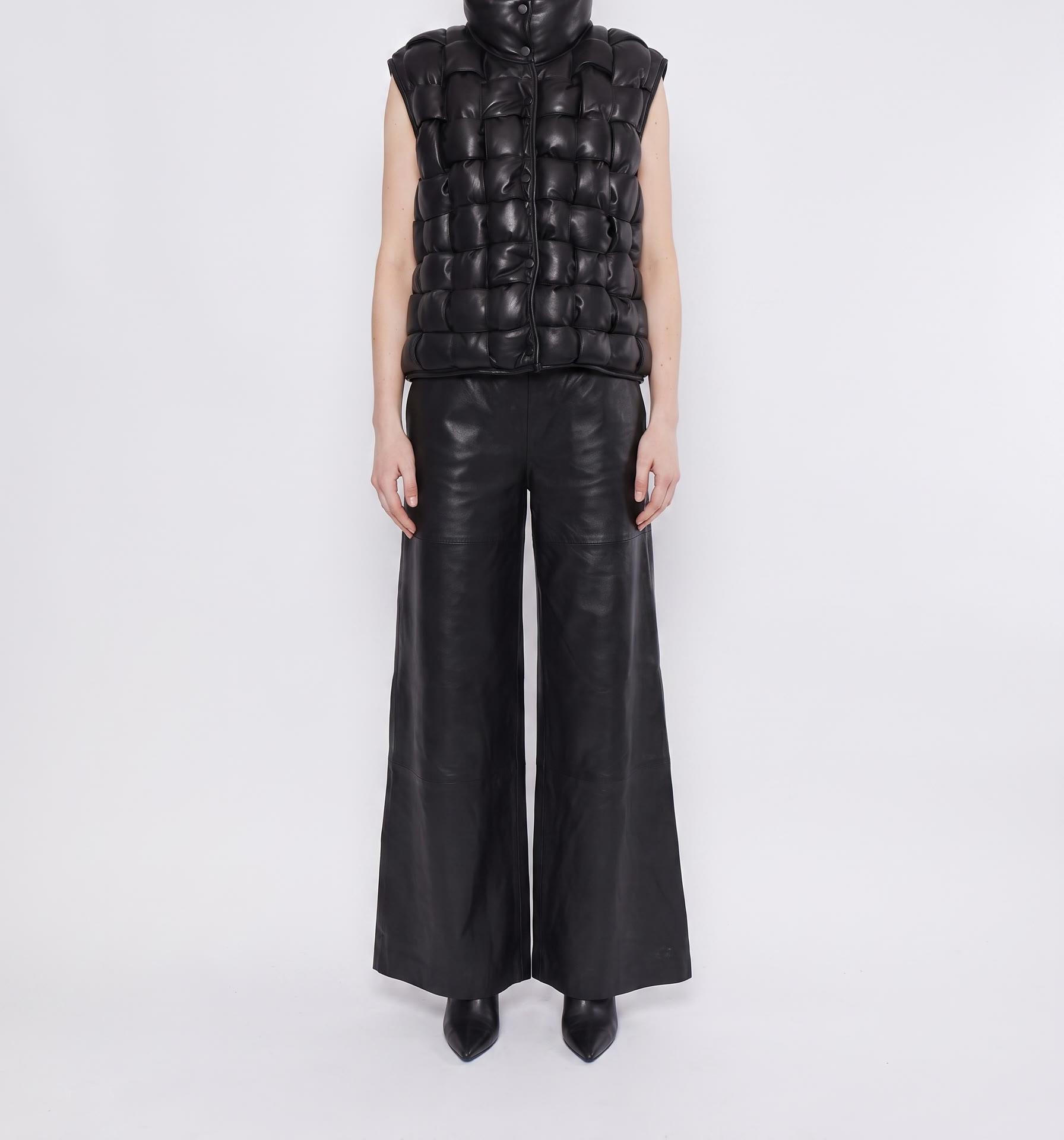 Woven leather gilet, full look